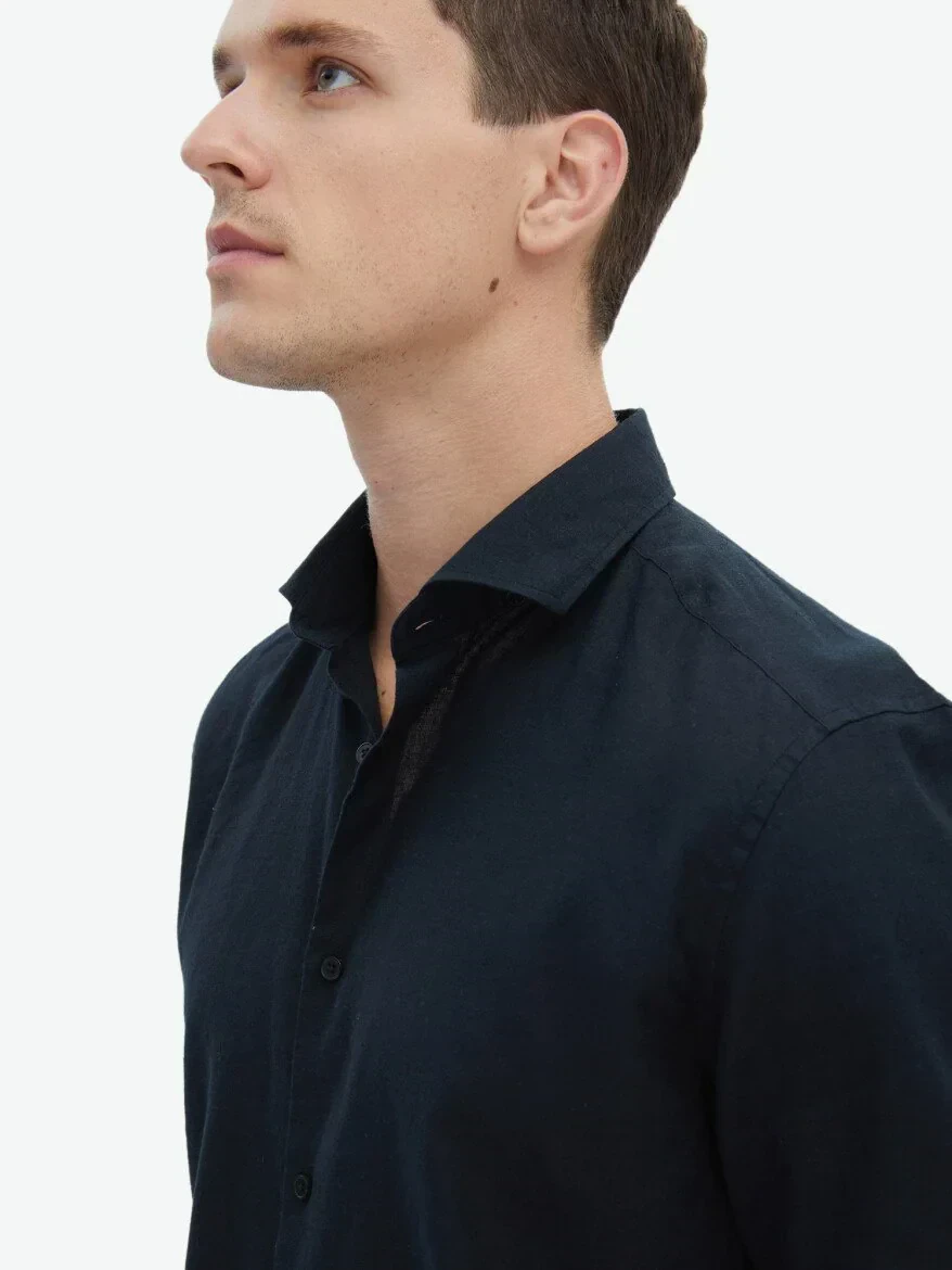 Siyah Düz Regular Fit Dokuma Casual Pamuk Karışımlı Gömlek 