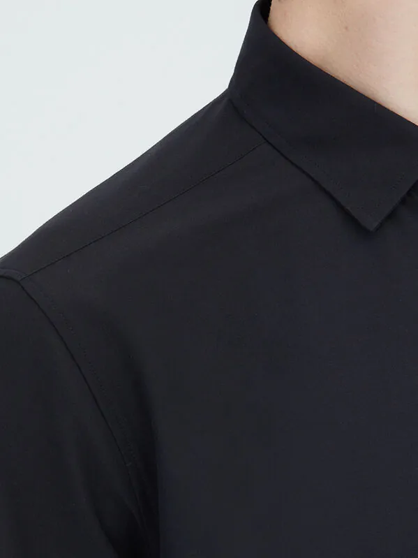 Siyah Düz Regular Fit Dokuma Casual Pamuk Karışımlı Gömlek - 4