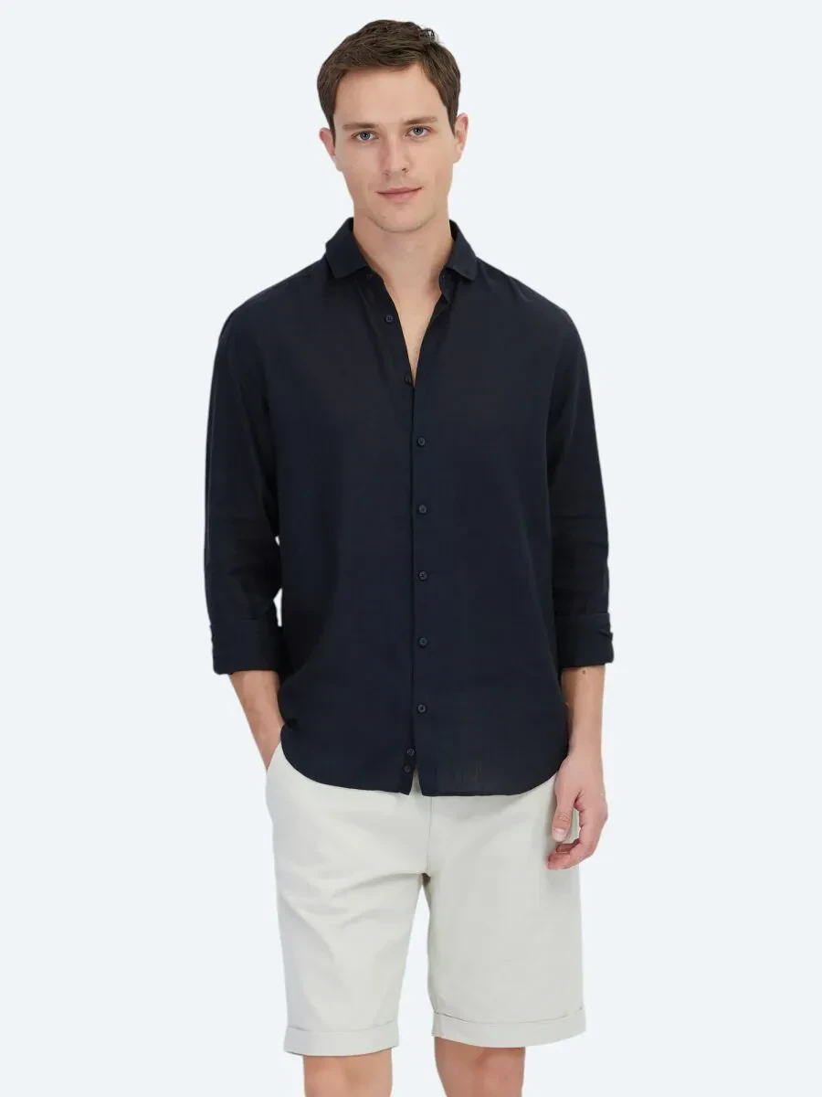Siyah Düz Regular Fit Dokuma Casual Pamuk Karışımlı Gömlek - 1
