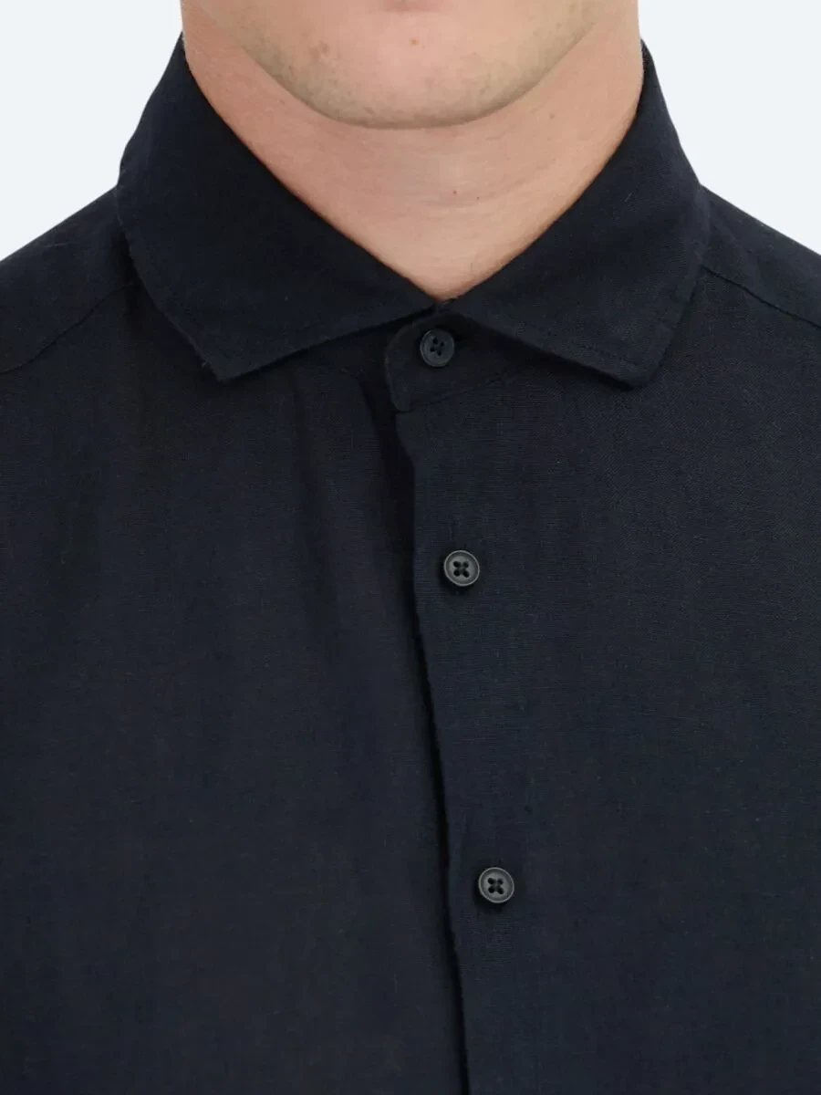 Siyah Düz Regular Fit Dokuma Casual Pamuk Karışımlı Gömlek - 4