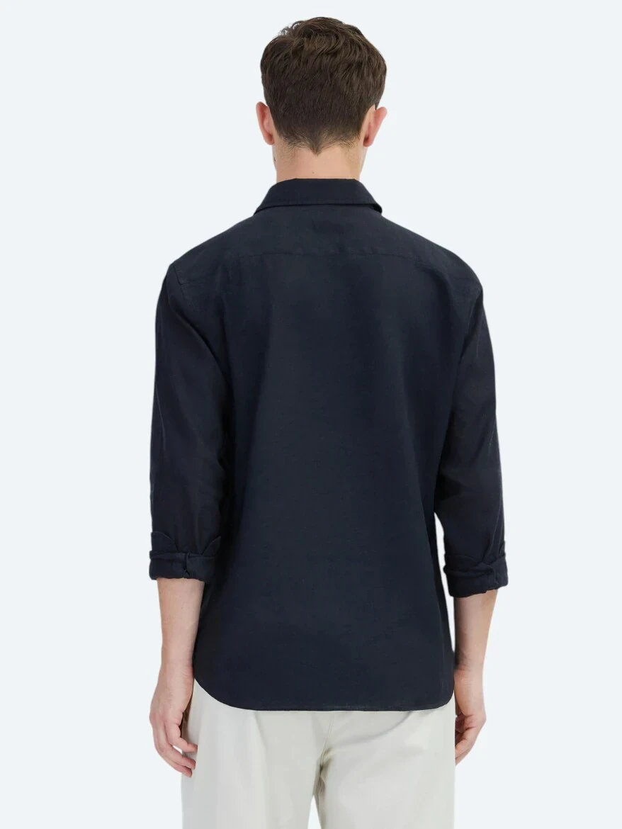 Siyah Düz Regular Fit Dokuma Casual Pamuk Karışımlı Gömlek - 5
