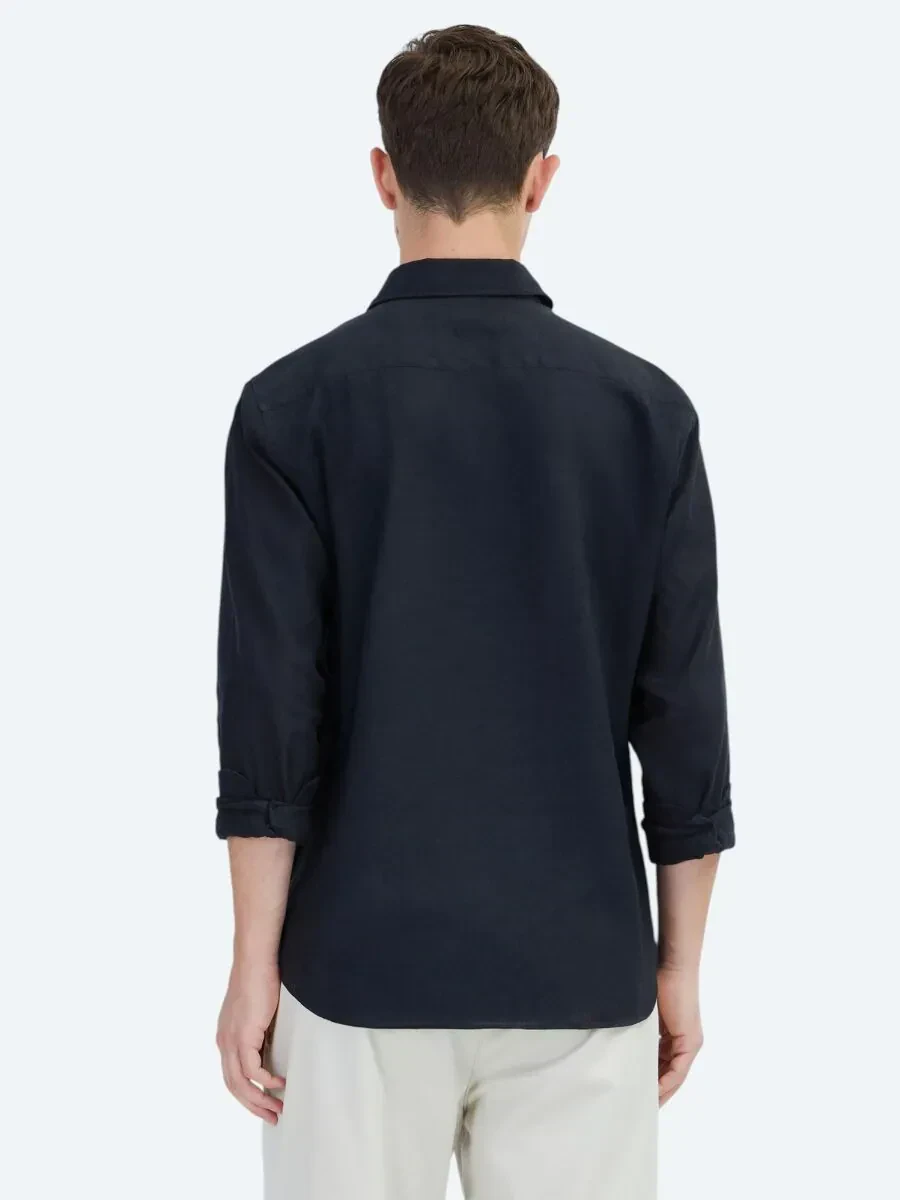 Siyah Düz Regular Fit Dokuma Casual Pamuk Karışımlı Gömlek - 5