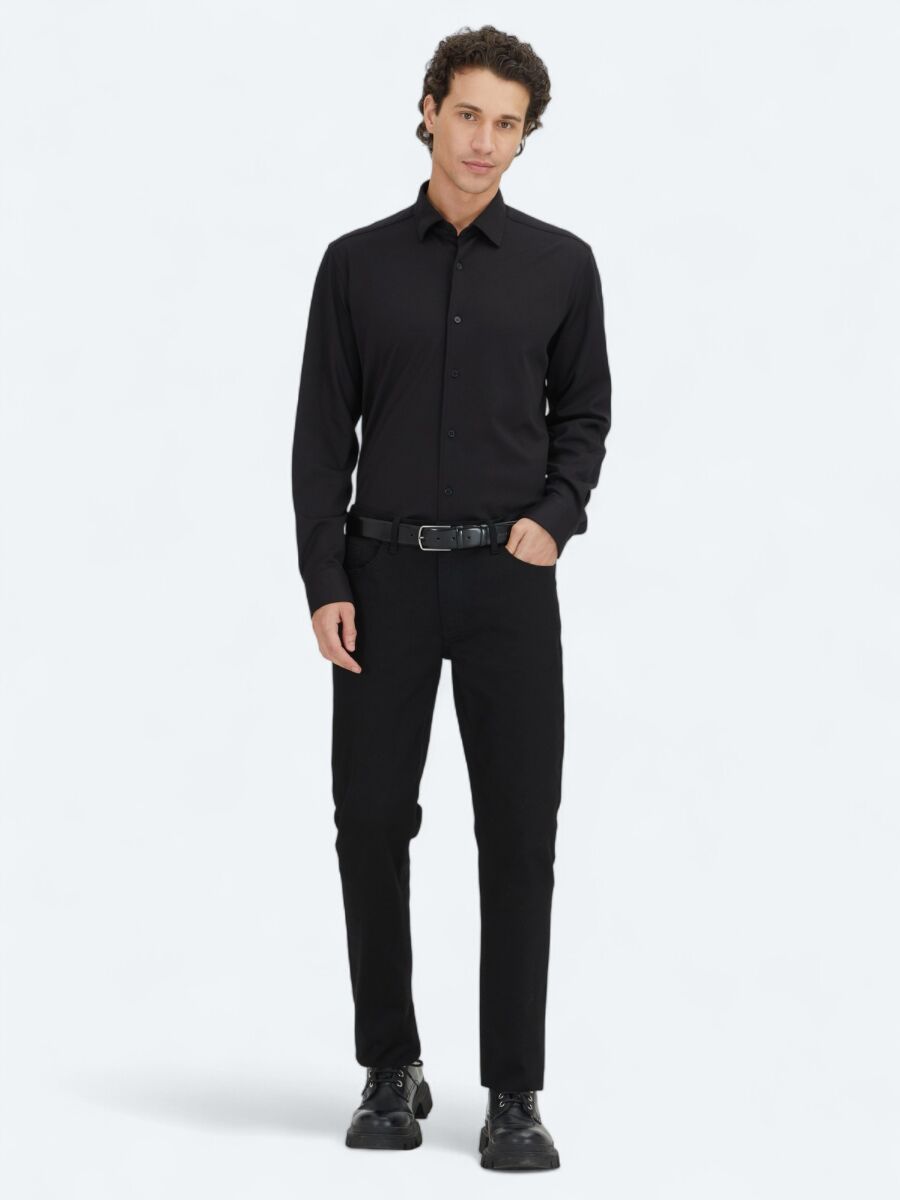 Siyah Düz Regular Fit Uzun Casual %100 Pamuk Gömlek - 2