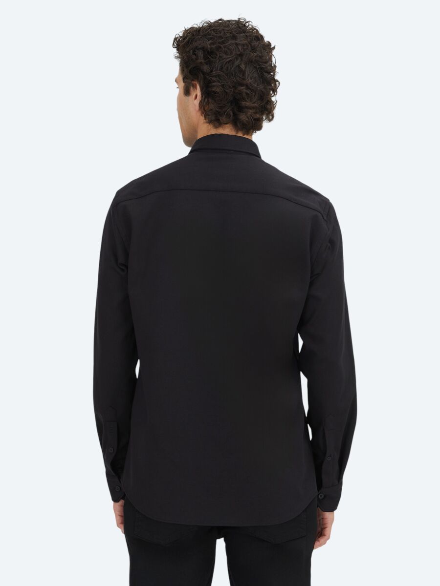 Siyah Düz Regular Fit Uzun Casual %100 Pamuk Gömlek - 5