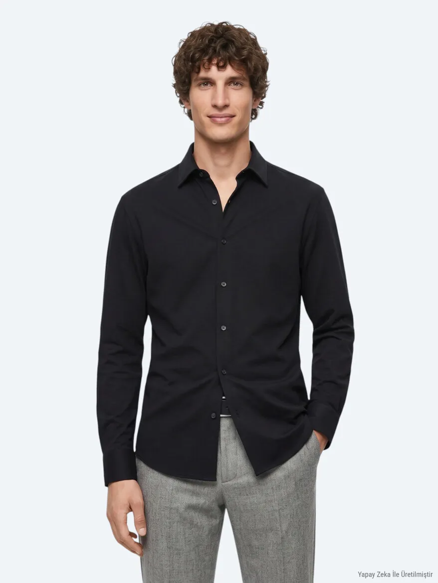Siyah Düz Regular Fit Uzun Casual %100 Pamuk Gömlek - KİP