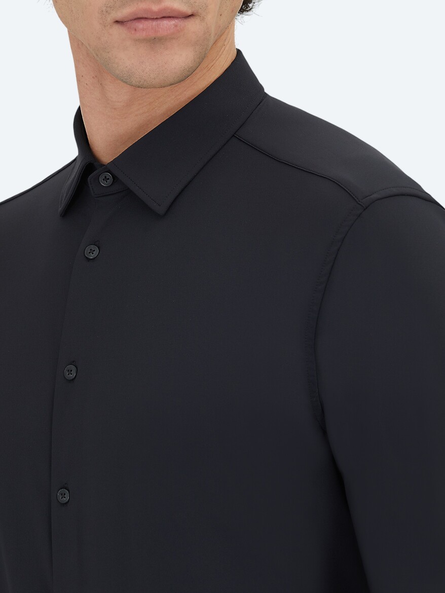 Siyah Düz Regular Fit Uzun Casual Gömlek - 3