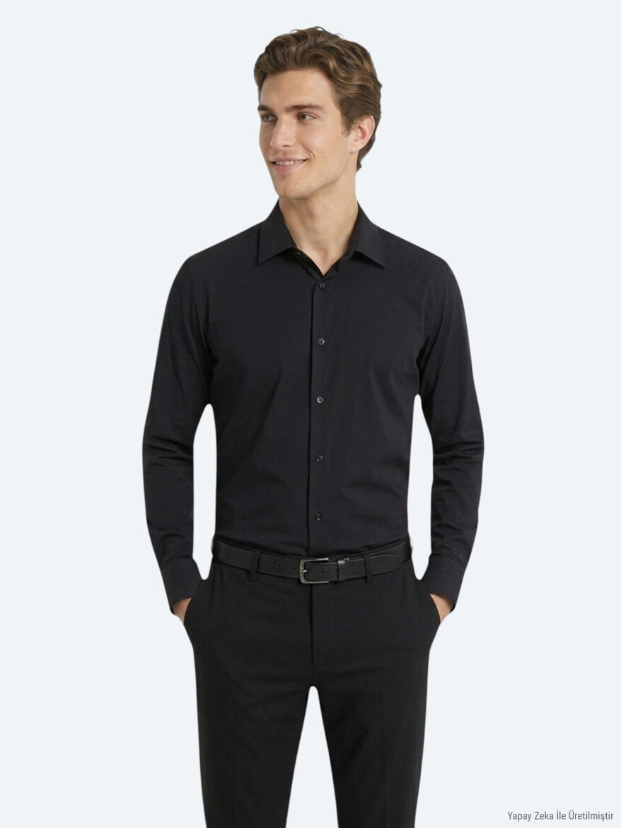 Siyah Düz Regular Fit Uzun Casual Gömlek 