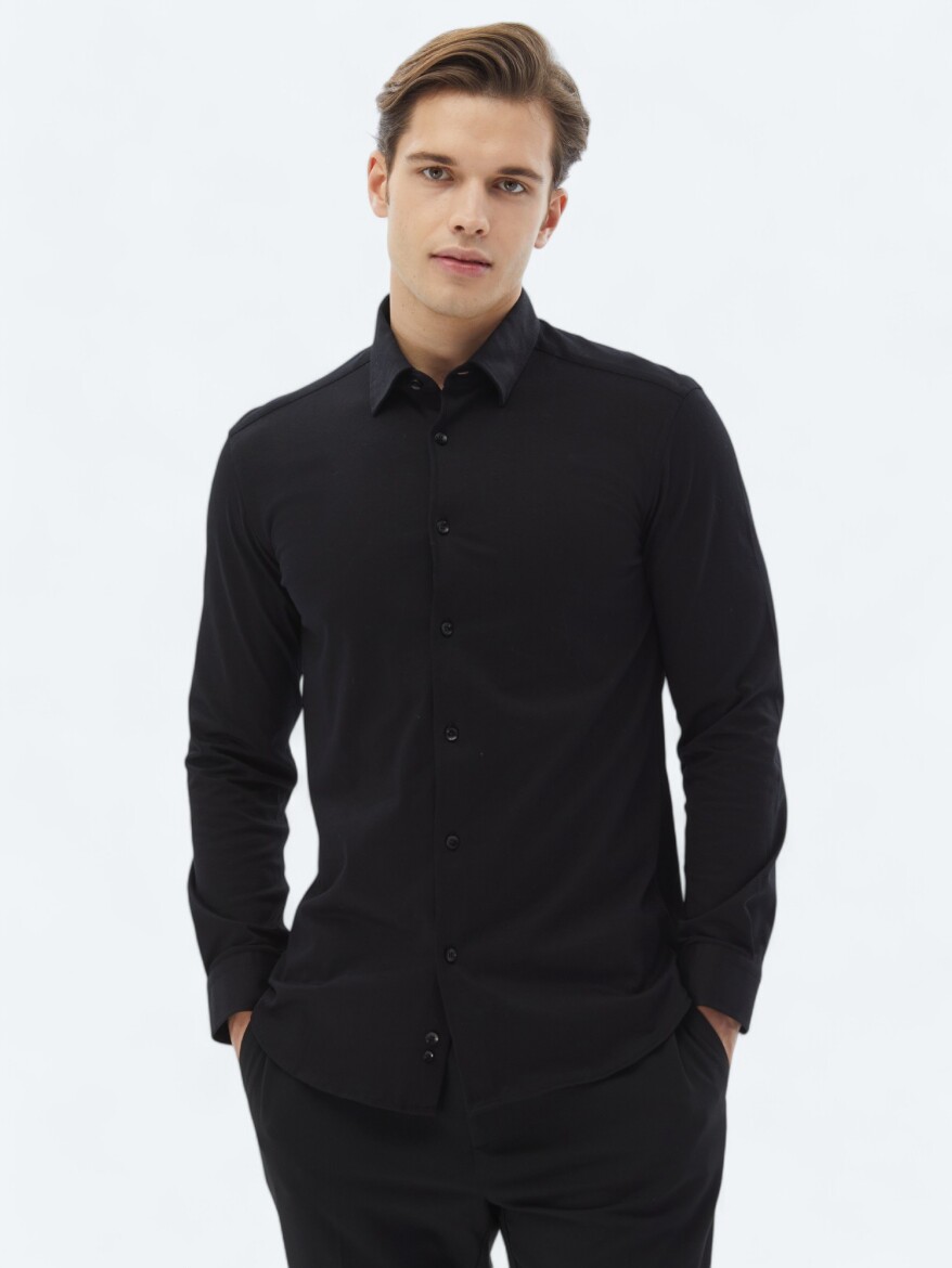 Siyah Düz Regular Fit Uzun Dokuma Casual %100 Pamuk Gömlek 