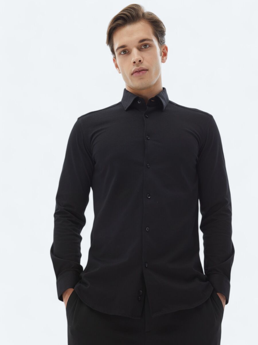 Siyah Düz Regular Fit Uzun Dokuma Casual %100 Pamuk Gömlek - 3
