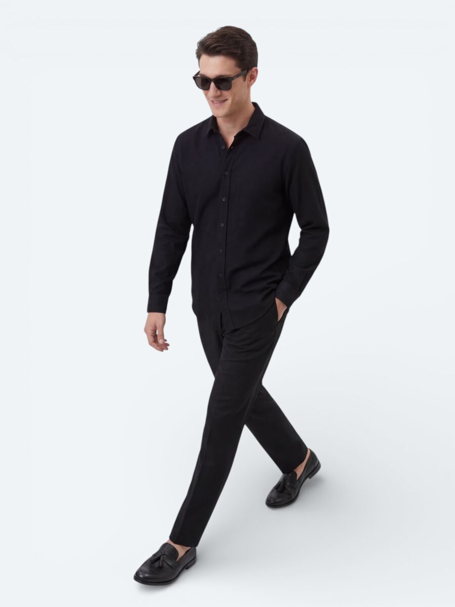 Siyah Düz Regular Fit Uzun Dokuma Casual %100 Pamuk Gömlek - 4