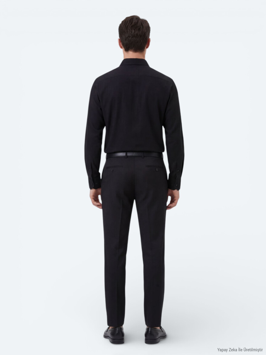 Siyah Düz Regular Fit Uzun Dokuma Casual %100 Pamuk Gömlek - 5