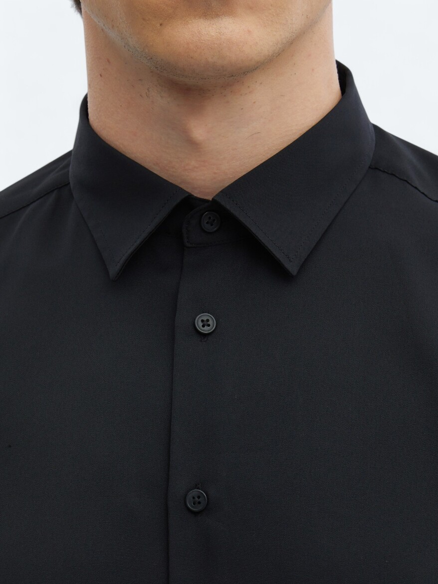 Siyah Düz Regular Fit Uzun Dokuma Casual Gömlek - 5