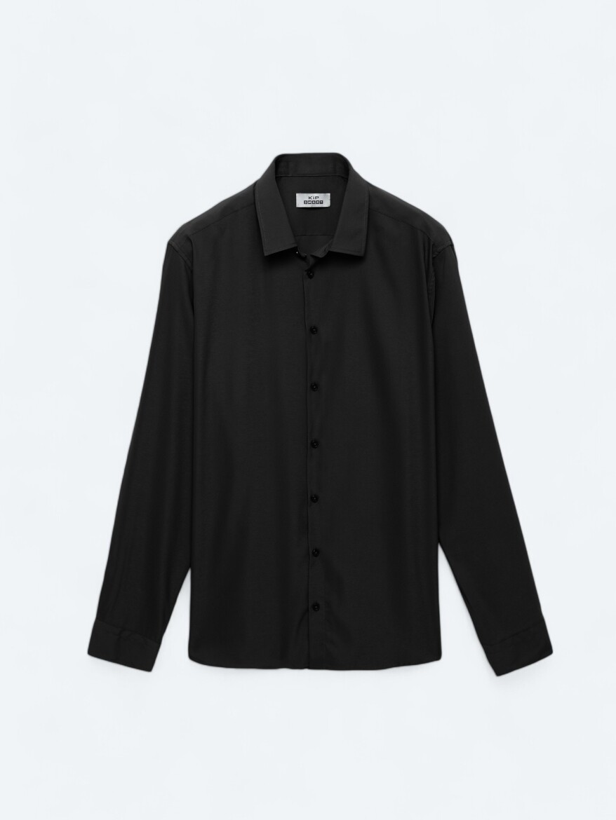 Siyah Düz Regular Fit Uzun Dokuma Casual Gömlek - 8