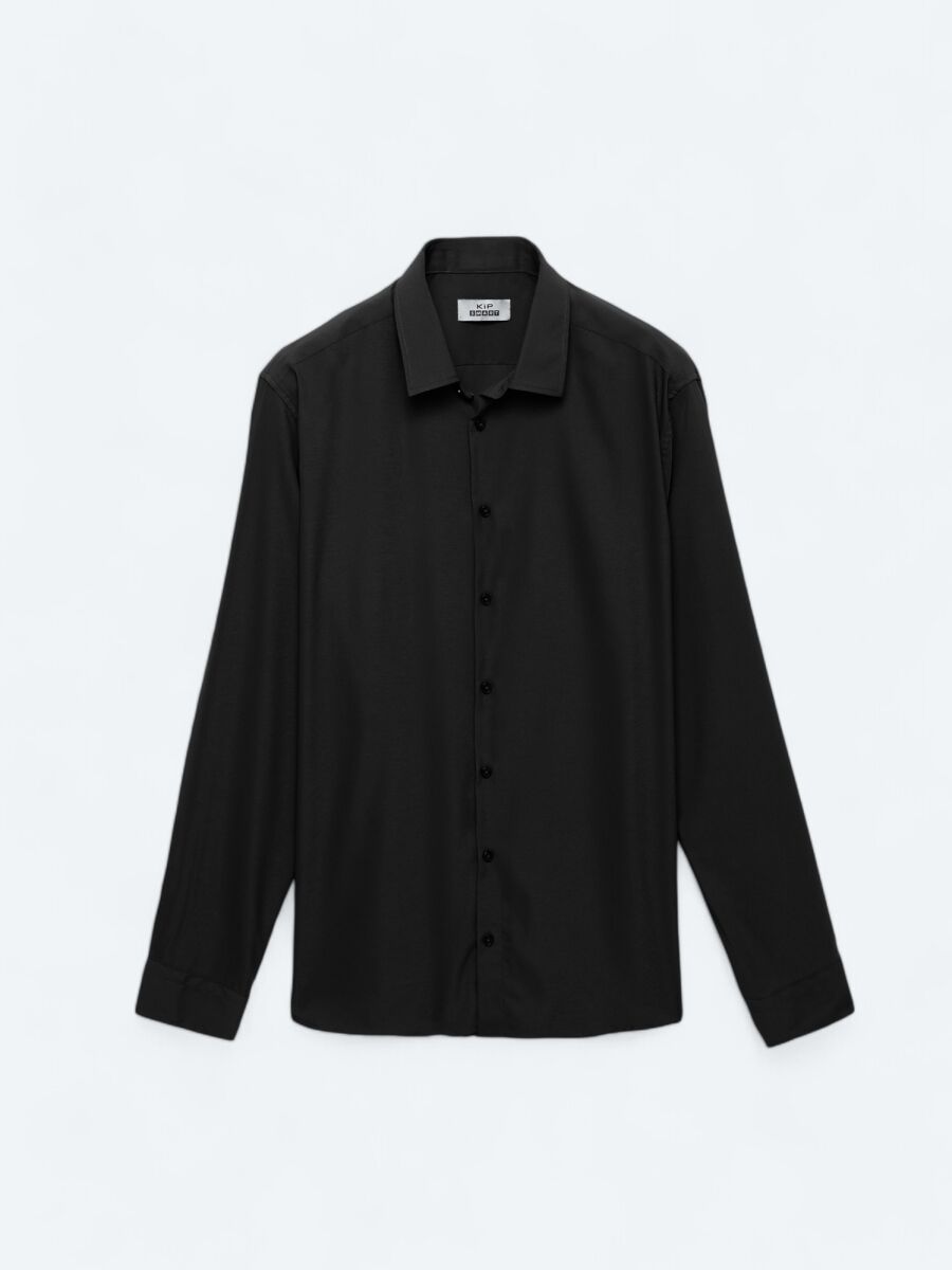 Siyah Düz Regular Fit Uzun Dokuma Casual Gömlek - 8