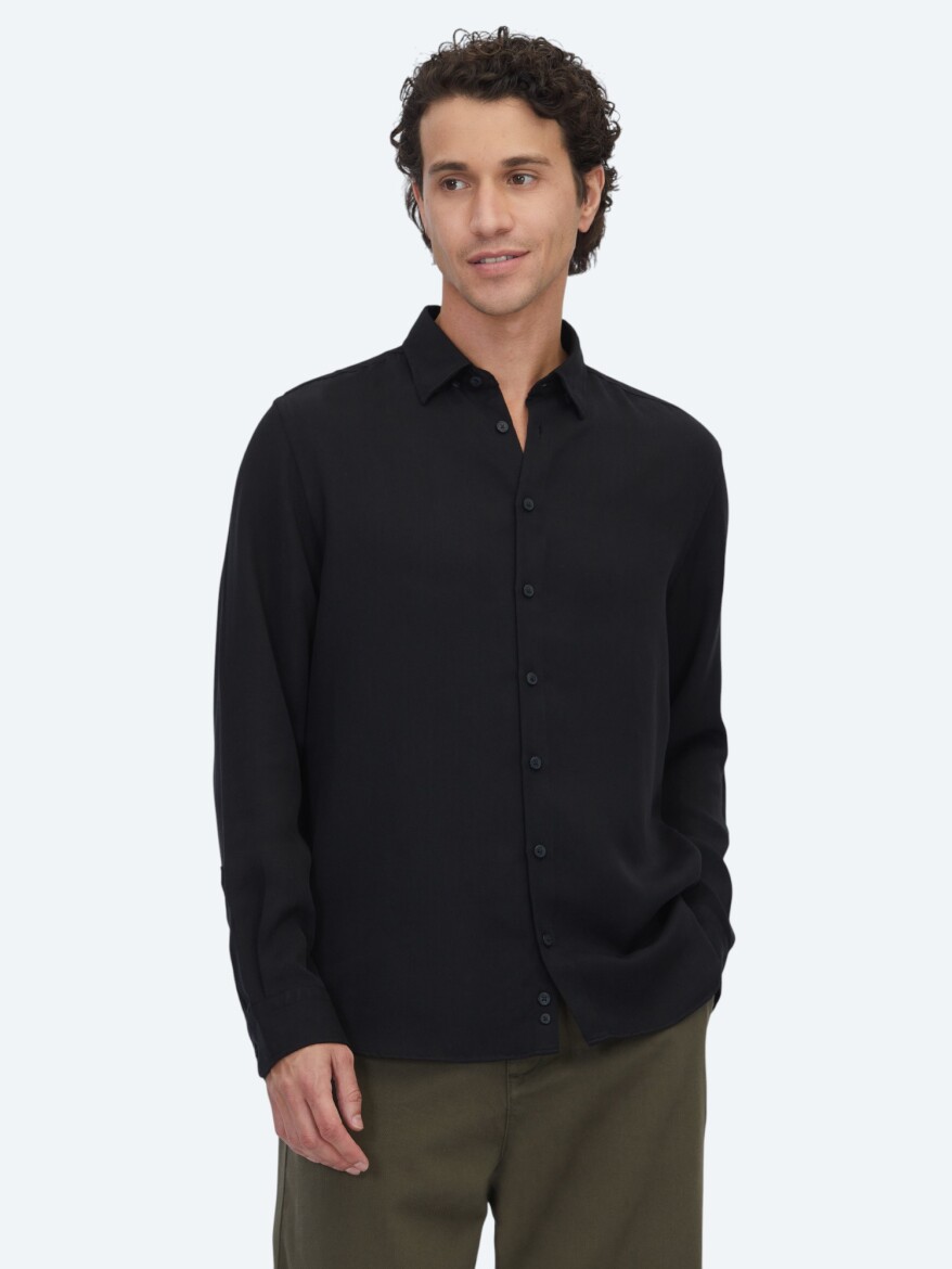Siyah Düz Regular Fit Uzun Dokuma Casual Gömlek 