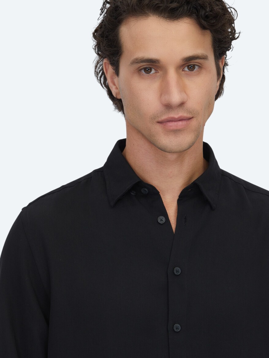 Siyah Düz Regular Fit Uzun Dokuma Casual Gömlek - 3
