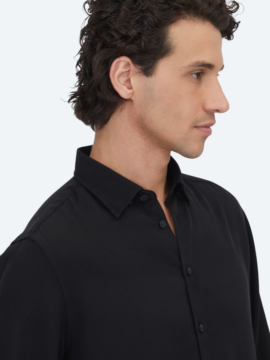 Siyah Düz Regular Fit Uzun Dokuma Casual Gömlek - 4