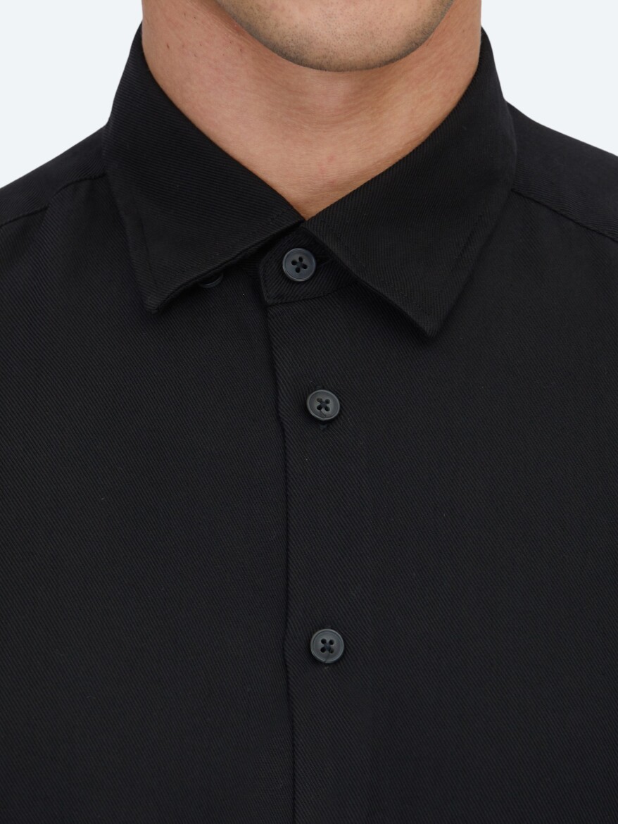 Siyah Düz Regular Fit Uzun Dokuma Casual Gömlek - 5