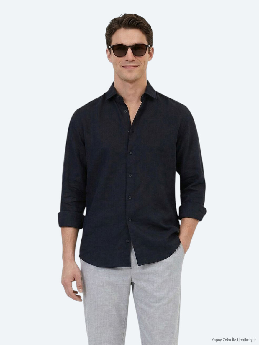 Siyah Düz Regular Fit Uzun Dokuma Casual Pamuk Karışımlı Gömlek 