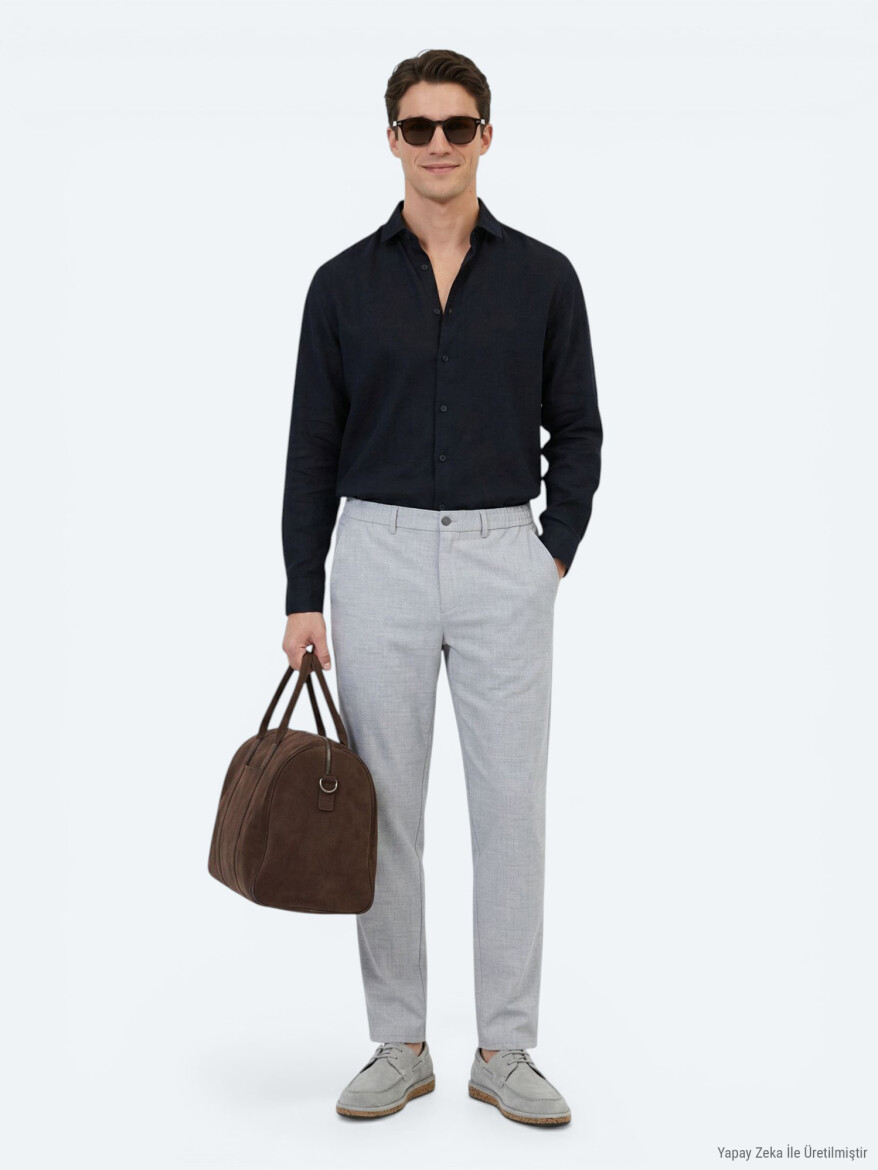 Siyah Düz Regular Fit Uzun Dokuma Casual Pamuk Karışımlı Gömlek - 3