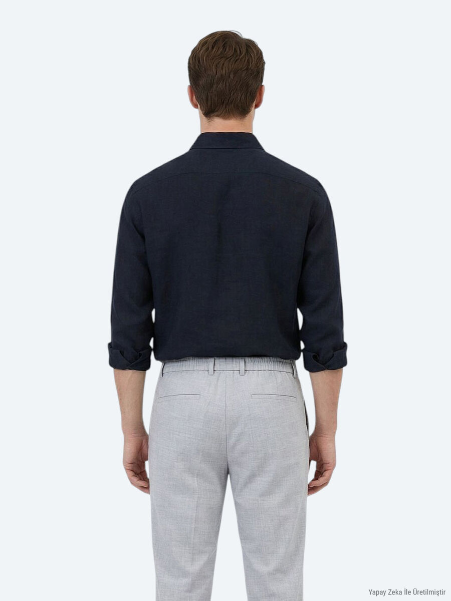 Siyah Düz Regular Fit Uzun Dokuma Casual Pamuk Karışımlı Gömlek - 5