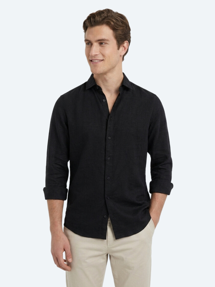 Siyah Düz Regular Fit Uzun Dokuma Casual Pamuk Karışımlı Gömlek 