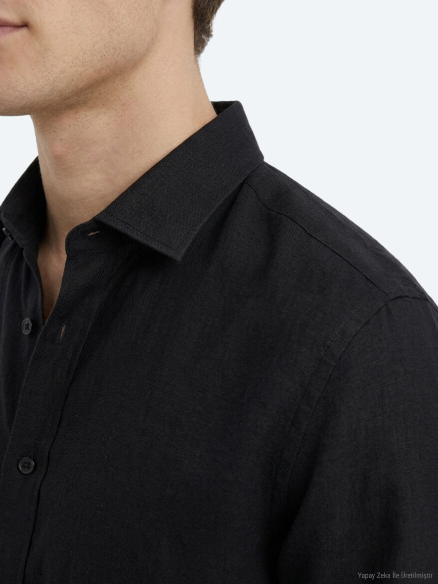 Siyah Düz Regular Fit Uzun Dokuma Casual Pamuk Karışımlı Gömlek - 3