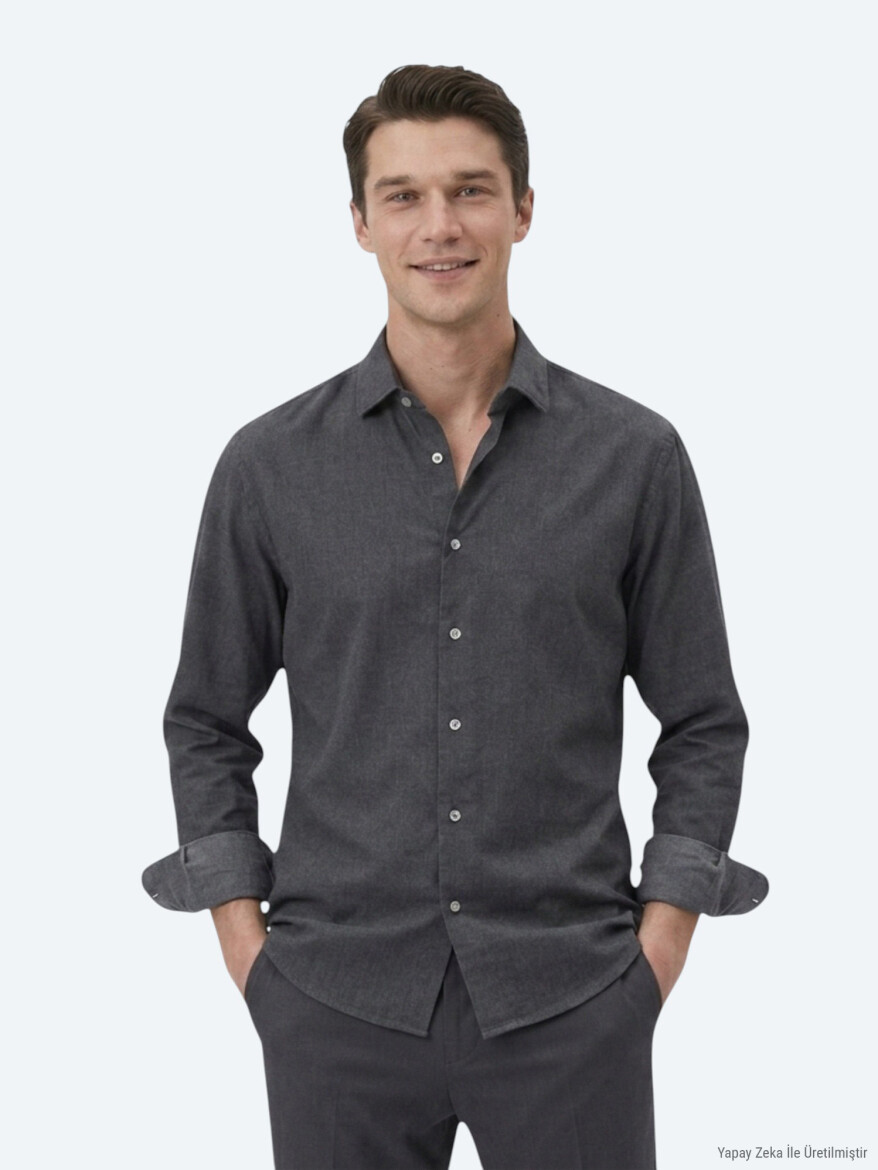 Siyah Düz Regular Fit Uzun Dokuma Casual Pamuk Karışımlı Gömlek - KİP