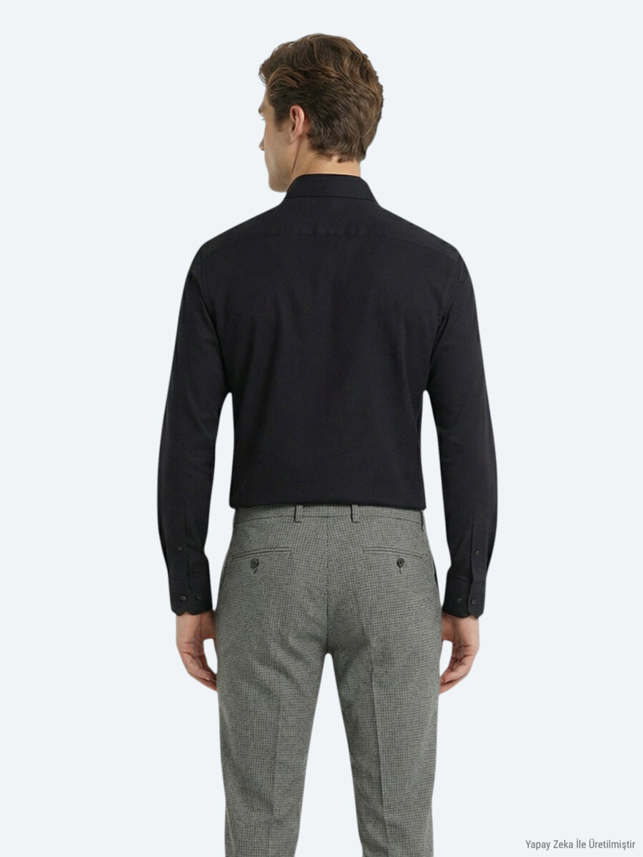 Siyah Düz Regular Fit Uzun Dokuma Klasik Pamuk Karışımlı Gömlek - 4