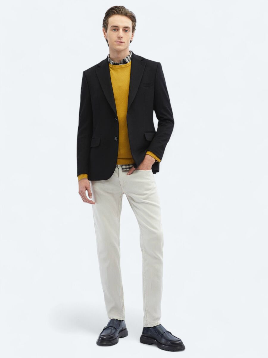 Siyah Düz Regular Fit Yün Karışımlı Ceket - 1