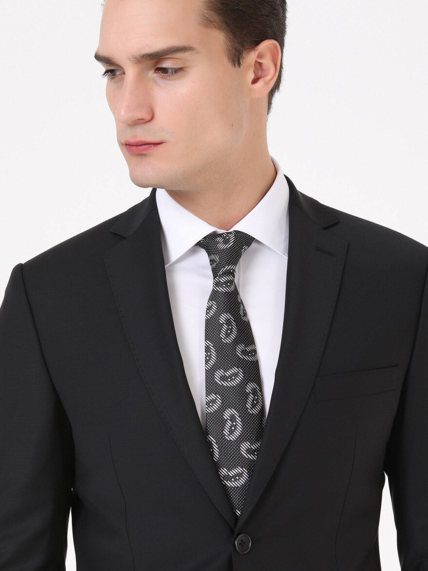 Siyah Düz Regular Fit Yün Karışımlı Takım Elbise 