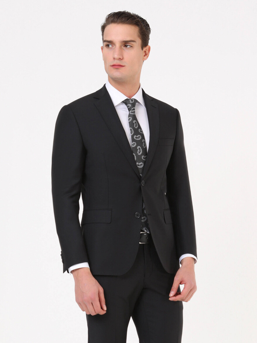 Siyah Düz Regular Fit Yün Karışımlı Takım Elbise - 3