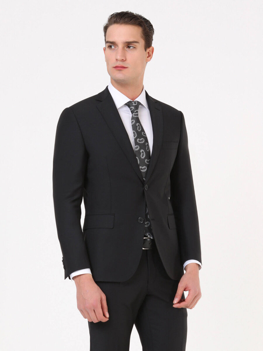 Siyah Düz Regular Fit Yün Karışımlı Takım Elbise - 3