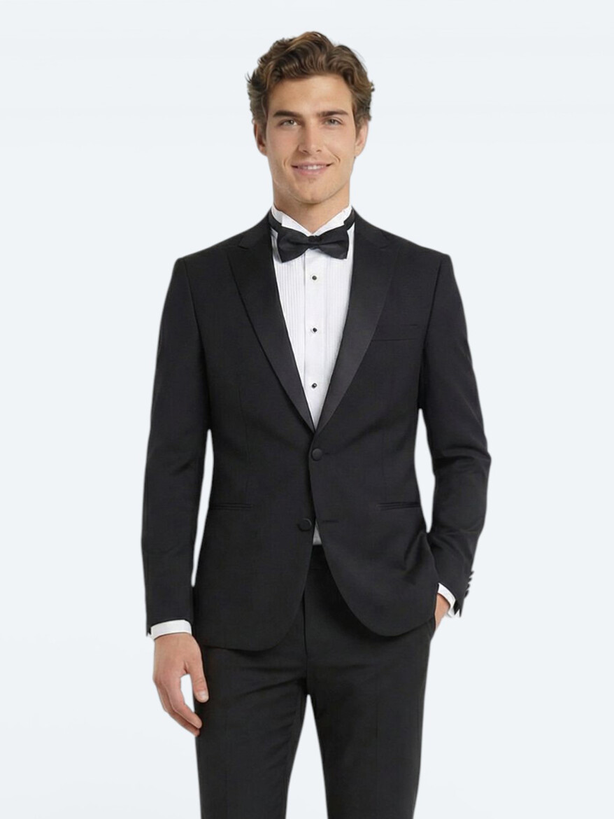 Siyah Düz Slim Fit Çıkarılabilir Kruvaze Yaka Dokuma Smokin Takım Elbise - 3