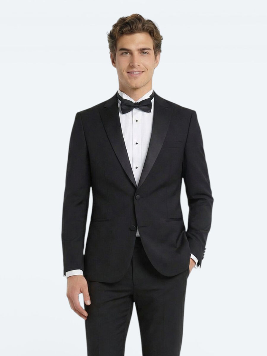 Siyah Düz Slim Fit Çıkarılabilir Kruvaze Yaka Dokuma Smokin Takım Elbise - 3