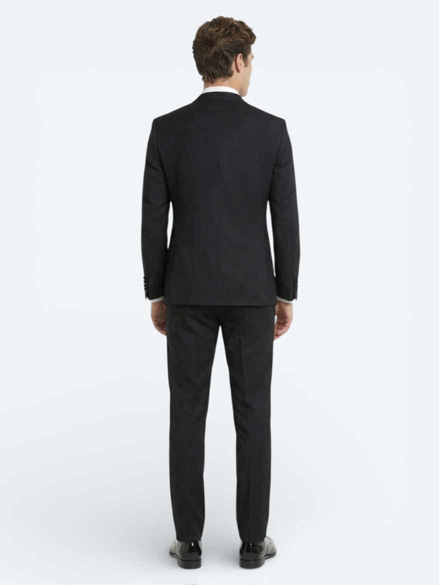 Siyah Düz Slim Fit Çıkarılabilir Kruvaze Yaka Dokuma Smokin Takım Elbise - 4