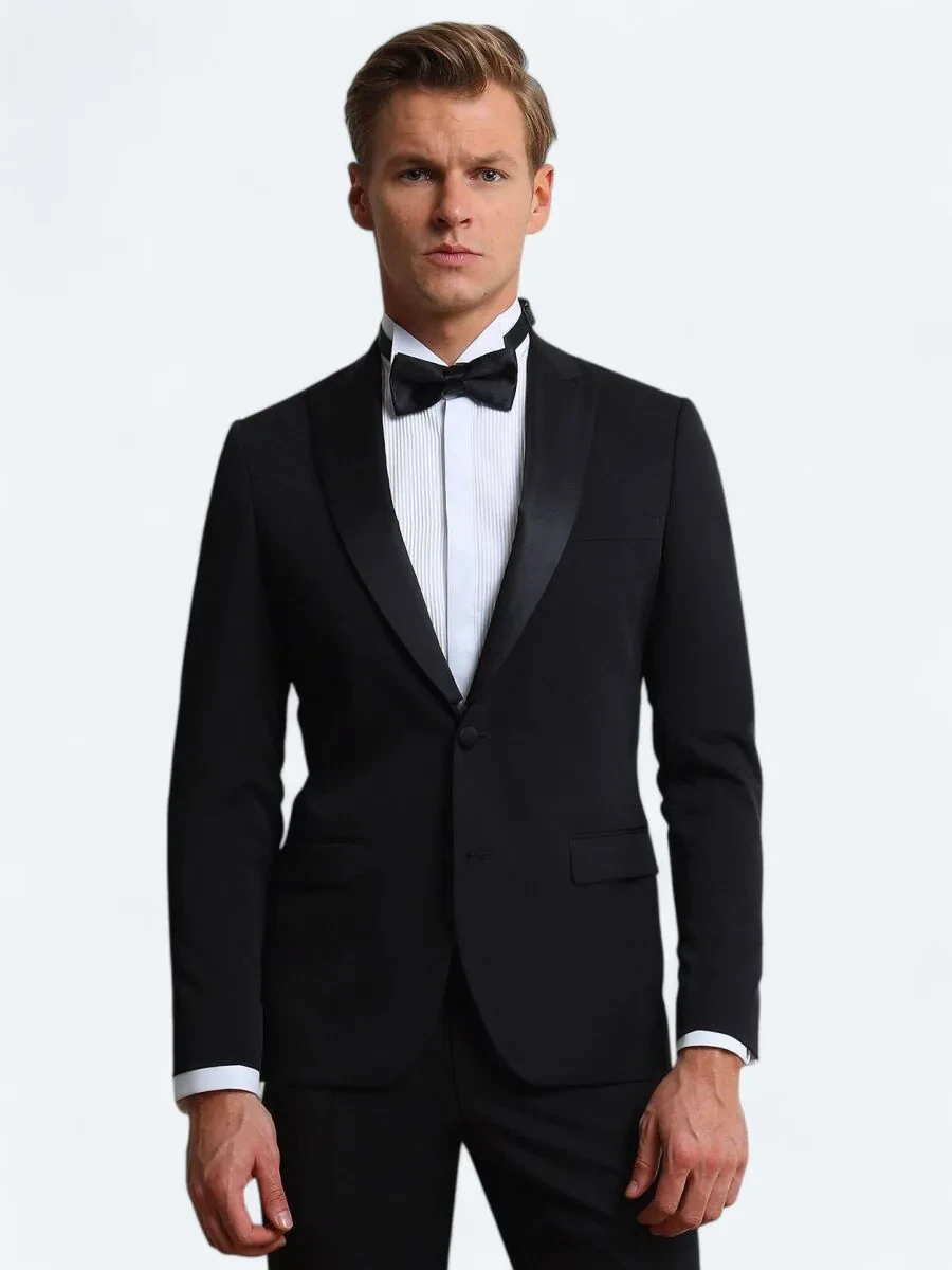 Siyah Düz Slim Fit Çıkarılabilir Kruvaze Yaka Dokuma Smokin Takım Elbise - 1