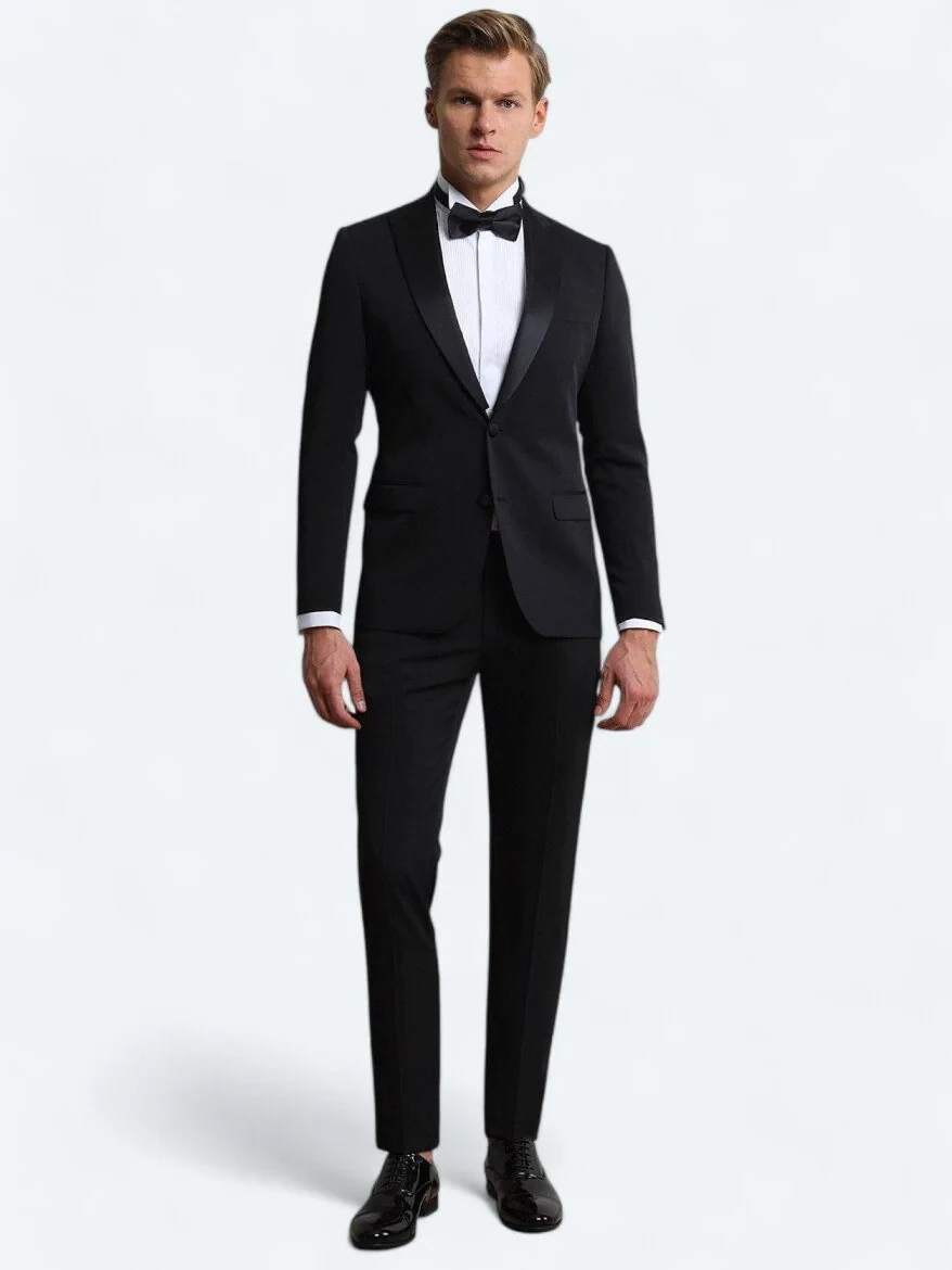 Siyah Düz Slim Fit Çıkarılabilir Kruvaze Yaka Dokuma Smokin Takım Elbise - 2
