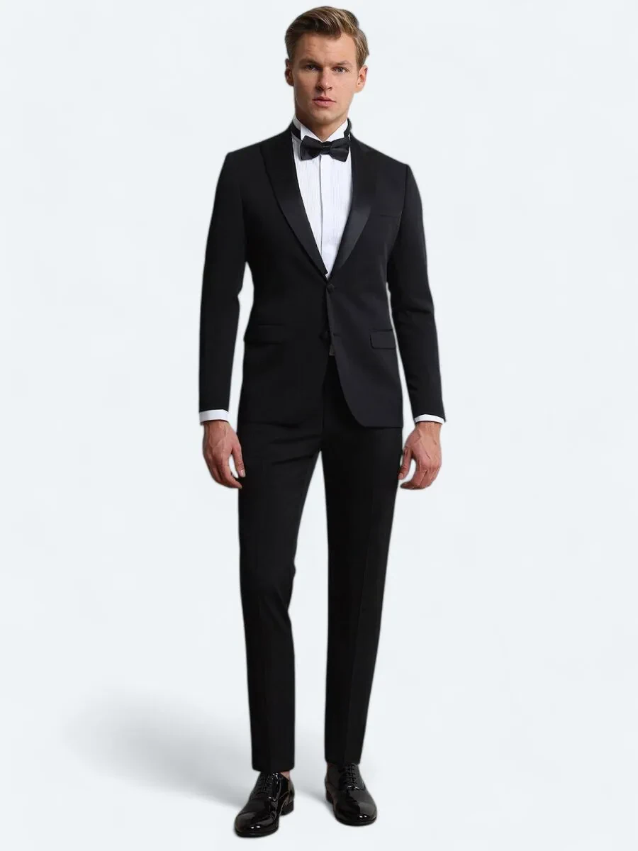 Siyah Düz Slim Fit Çıkarılabilir Kruvaze Yaka Dokuma Smokin Takım Elbise - 2