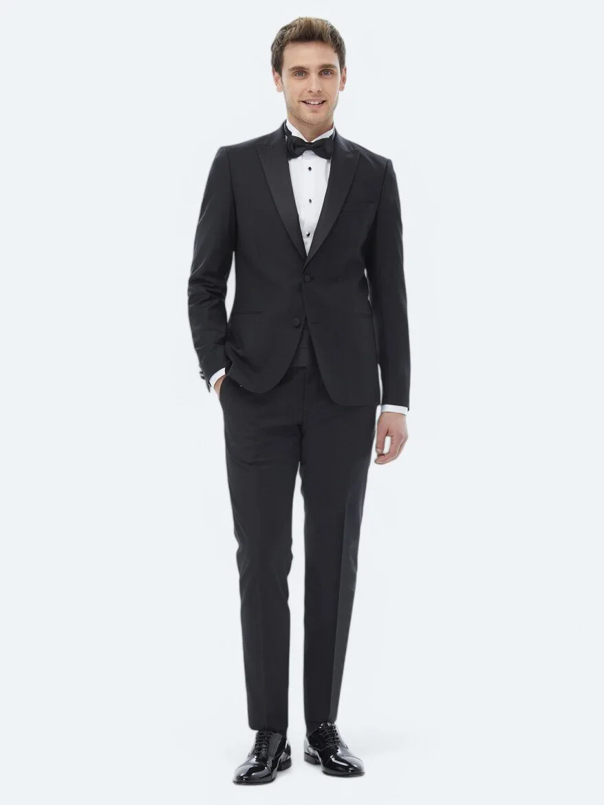 Siyah Düz Slim Fit Çıkarılabilir Kruvaze Yaka Dokuma Smokin Takım Elbise - 1