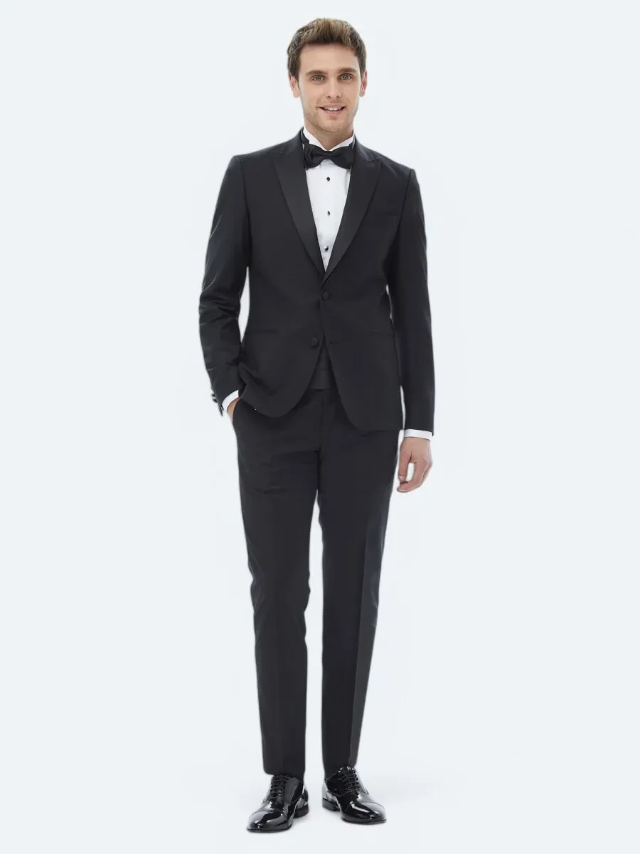 Siyah Düz Slim Fit Çıkarılabilir Kruvaze Yaka Dokuma Smokin Takım Elbise - 1
