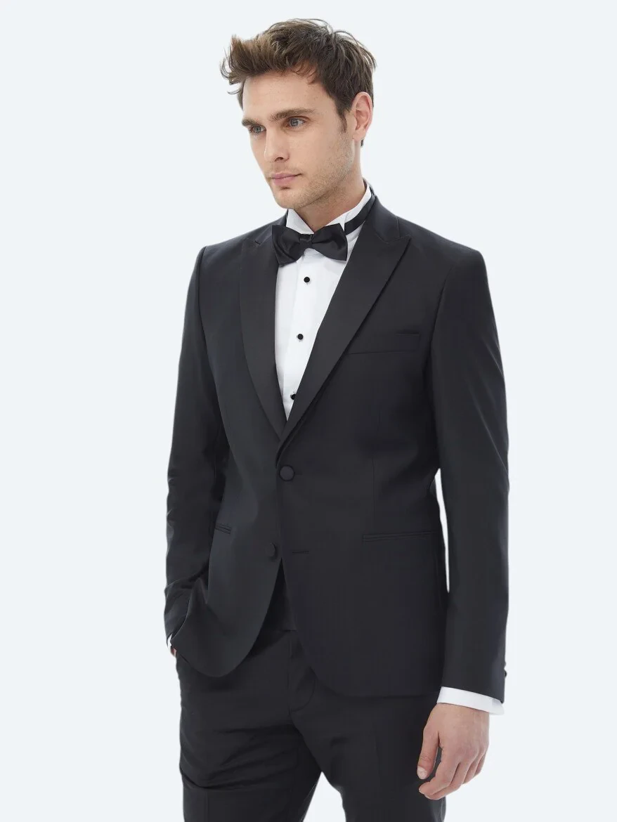Siyah Düz Slim Fit Çıkarılabilir Kruvaze Yaka Dokuma Smokin Takım Elbise - 4