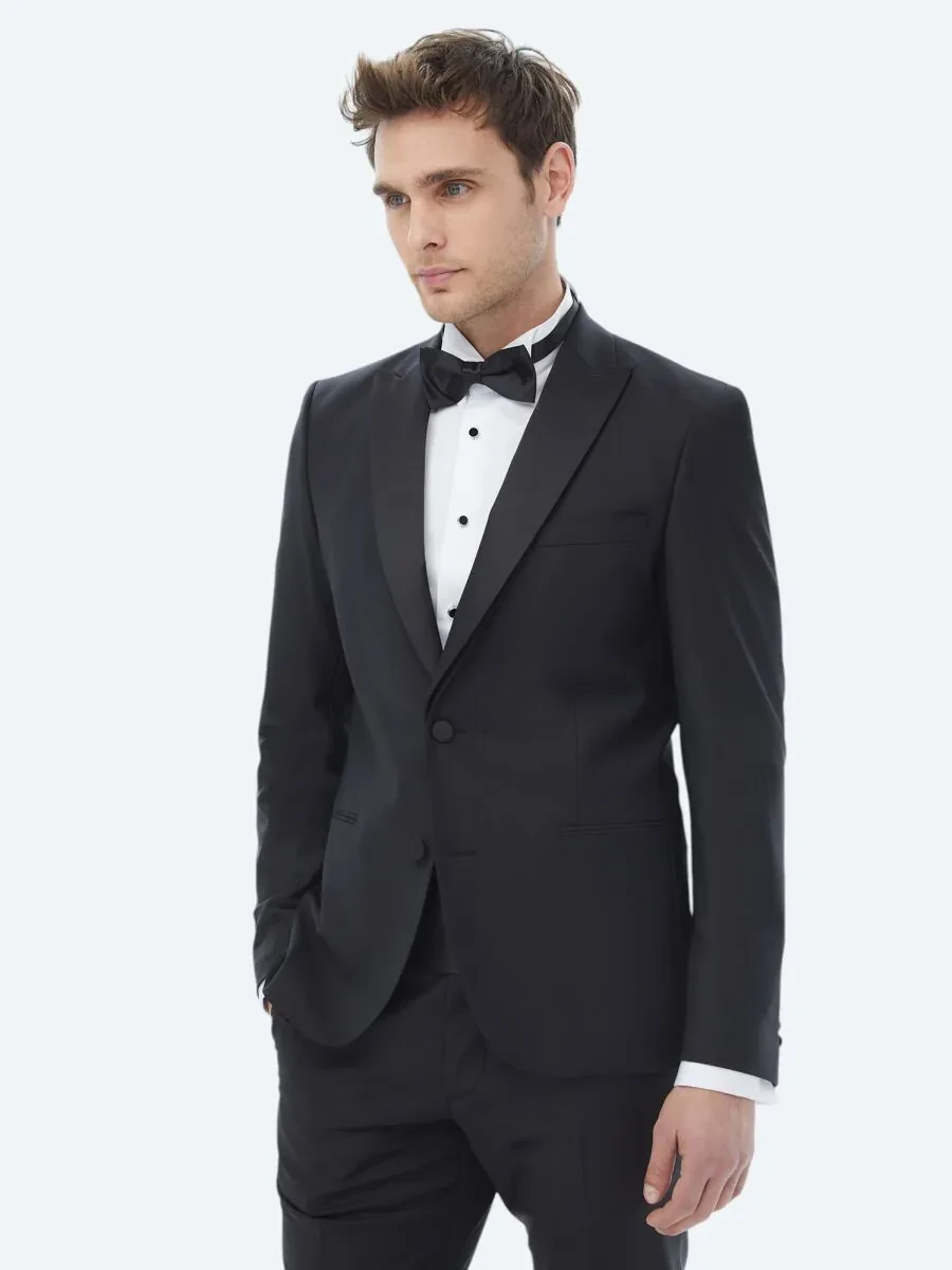 Siyah Düz Slim Fit Çıkarılabilir Kruvaze Yaka Dokuma Smokin Takım Elbise - 4