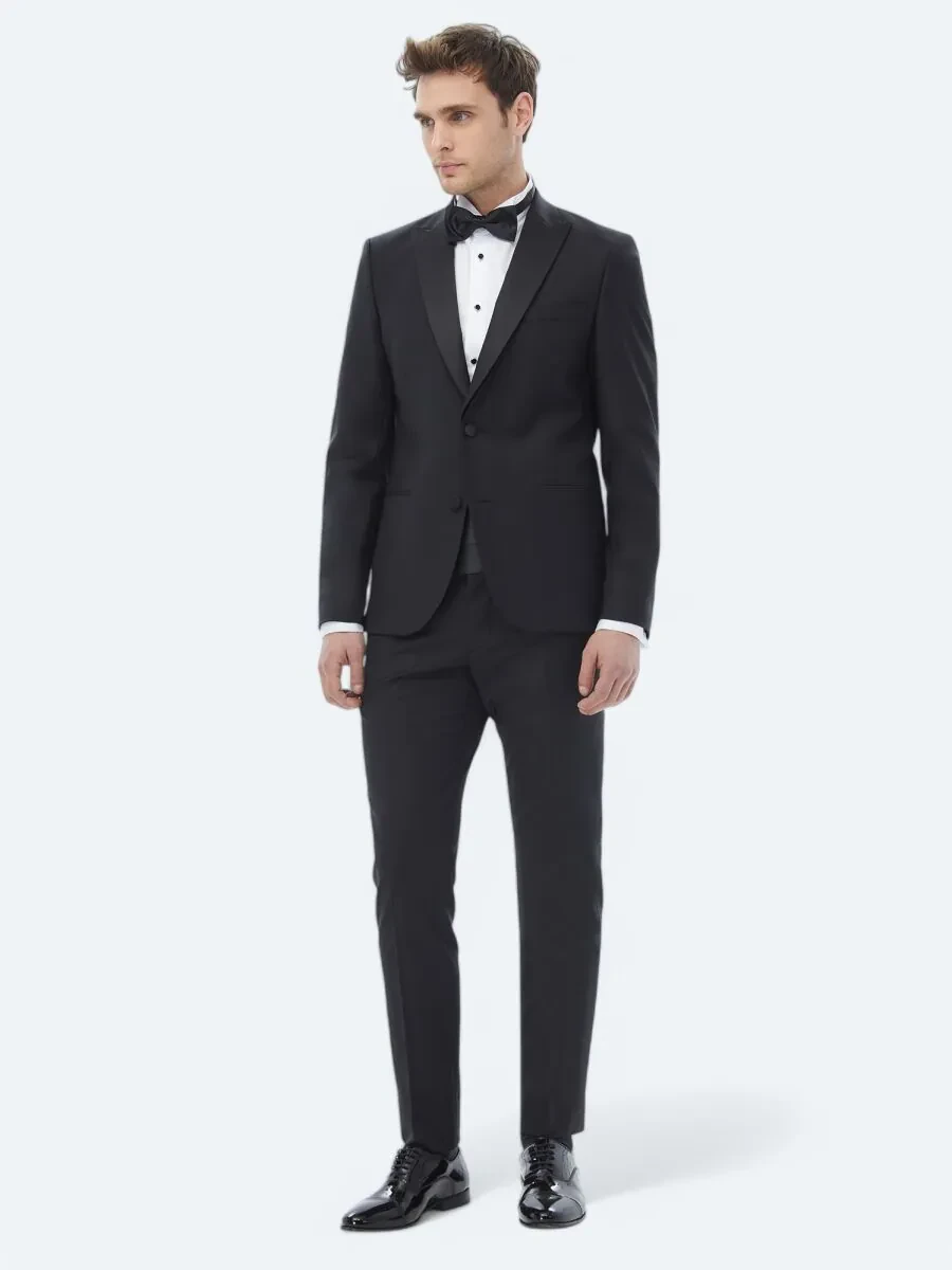 Siyah Düz Slim Fit Çıkarılabilir Kruvaze Yaka Dokuma Smokin Takım Elbise - 5