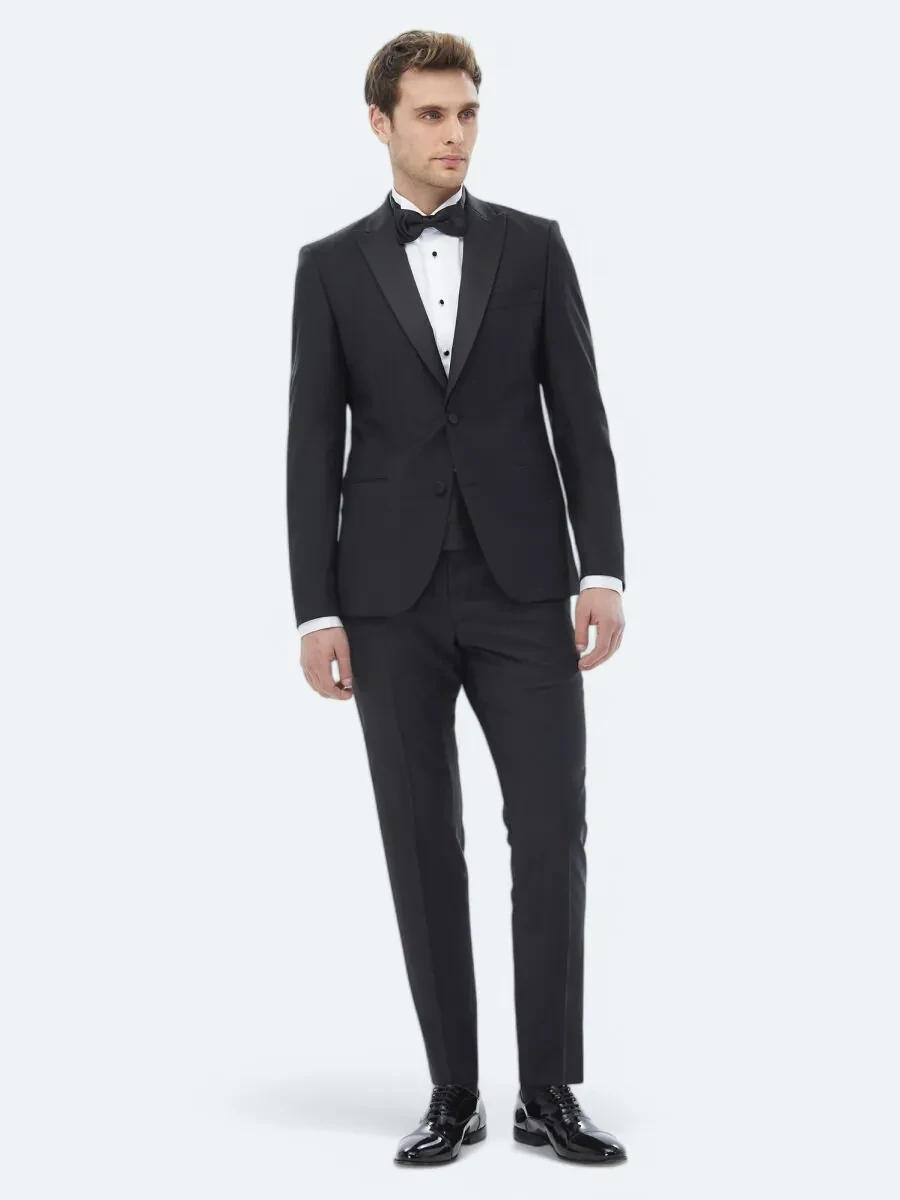 Siyah Düz Slim Fit Çıkarılabilir Kruvaze Yaka Dokuma Smokin Takım Elbise - 7