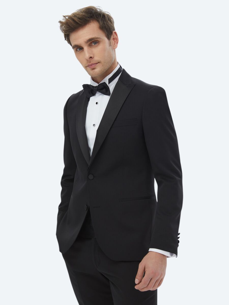 Siyah Düz Slim Fit Çıkarılabilir Kruvaze Yaka Dokuma Smokin Takım Elbise - 1