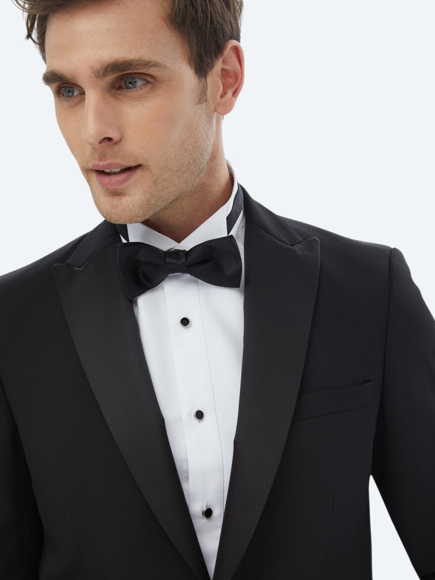 Siyah Düz Slim Fit Çıkarılabilir Kruvaze Yaka Dokuma Smokin Takım Elbise - 5