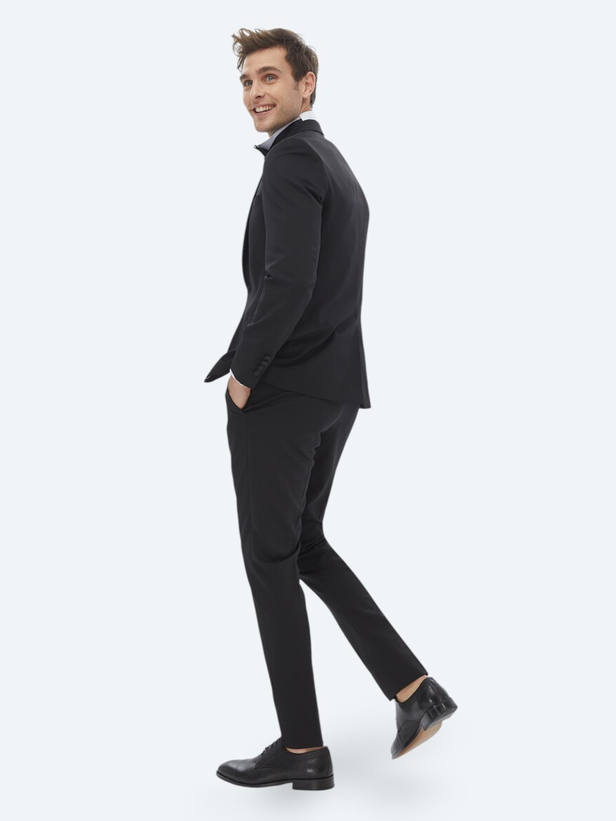 Siyah Düz Slim Fit Çıkarılabilir Kruvaze Yaka Dokuma Smokin Takım Elbise - 8