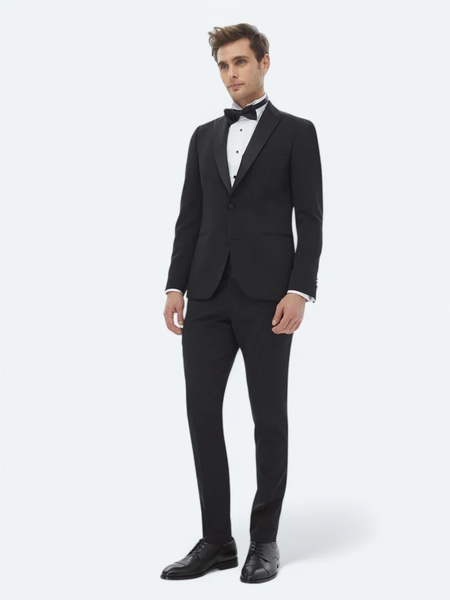 Siyah Düz Slim Fit Çıkarılabilir Kruvaze Yaka Dokuma Smokin Takım Elbise - 2