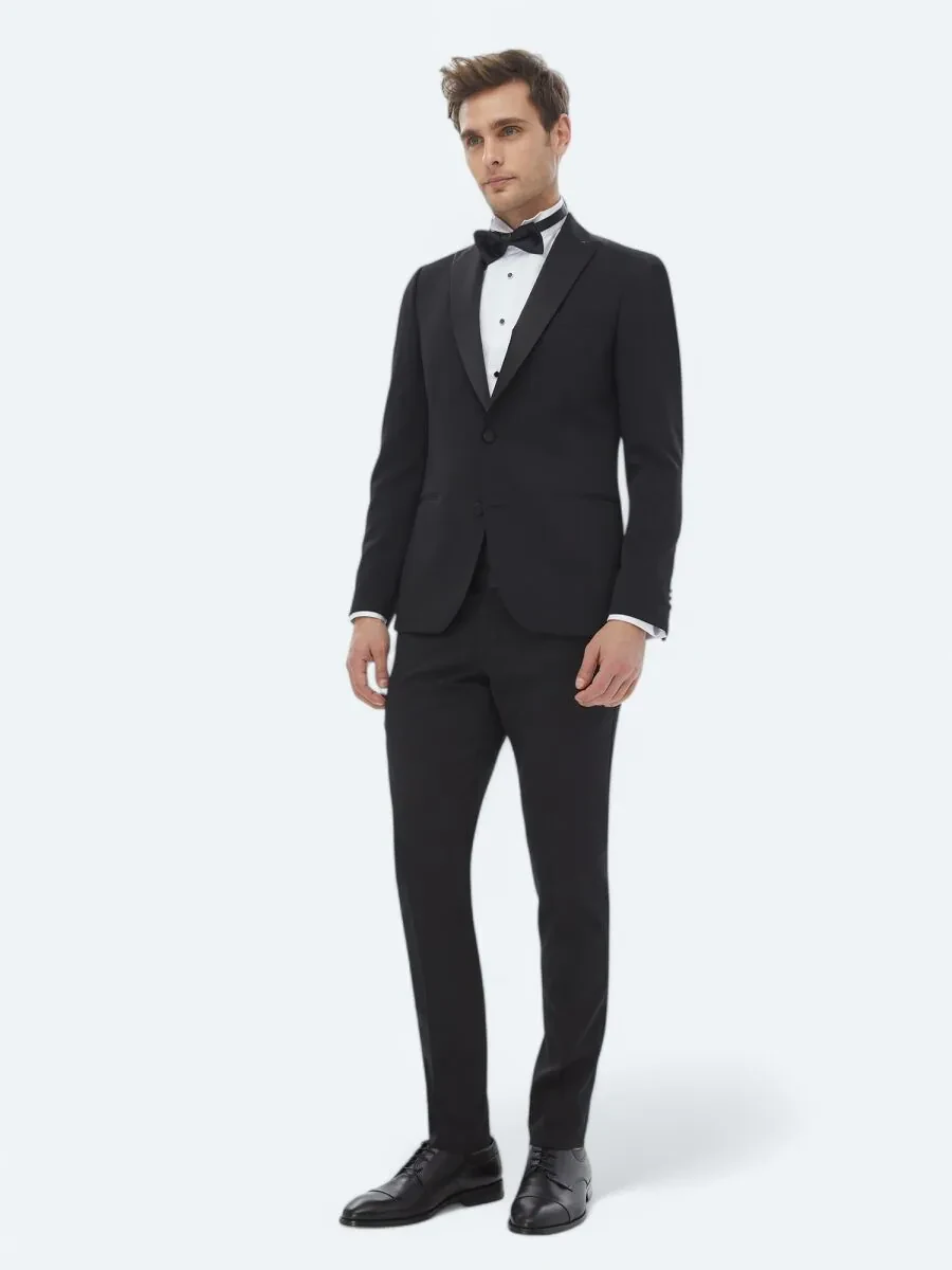 Siyah Düz Slim Fit Çıkarılabilir Kruvaze Yaka Dokuma Smokin Takım Elbise - 2